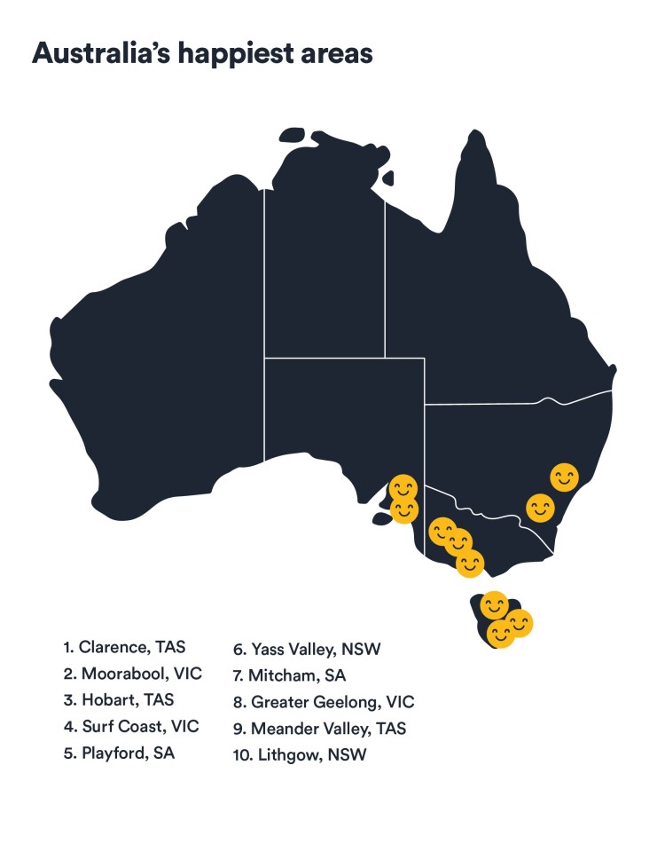 RateMyAgent's Price Expectation Report found that sellers in Clarence, Tasmania, are the happiest and most satisfied with property sale prices, followed by those in Moorabool in Victoria and Hobart in Tasmania.